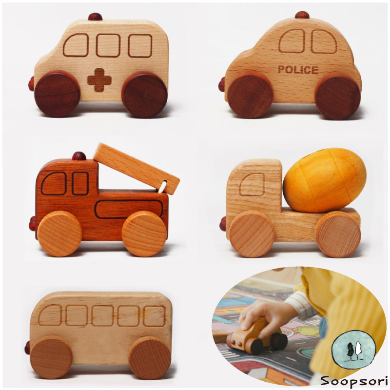 1歳 クリスマスプレゼント 木のおもちゃ 車 ミニカー5個セット 働く車シリーズ パトカー 消防車 救急車 ミキサー車 バス 1歳半 2歳 乗り物おもちゃ 男の子 女の子 木製おもちゃ 押し車 木製くるま 天然木 無着色 舐めても安心 スプソリ