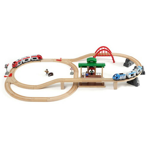 BRIO ブリオ レールウェイセット トラベルレールセット〜BRIOの大人気玩具・木製レールセットシリーズ！旅客列車がモチーフのレールウェイセット。青い列車はバッテリーパワー式です！42ピース。(33512)